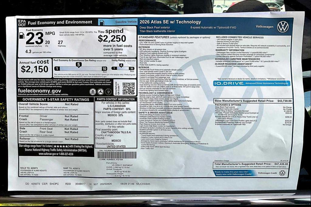 new 2026 Volkswagen Atlas car, priced at $45,841
