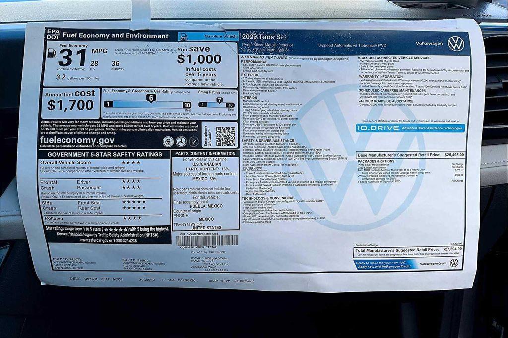 new 2025 Volkswagen Taos car, priced at $26,742