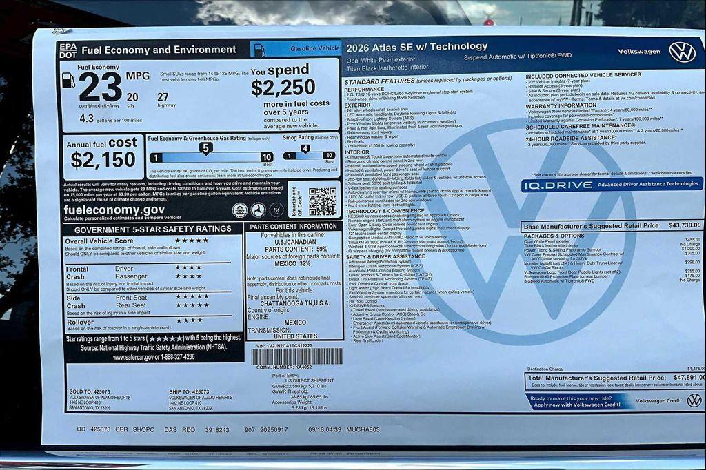 new 2026 Volkswagen Atlas car, priced at $46,296