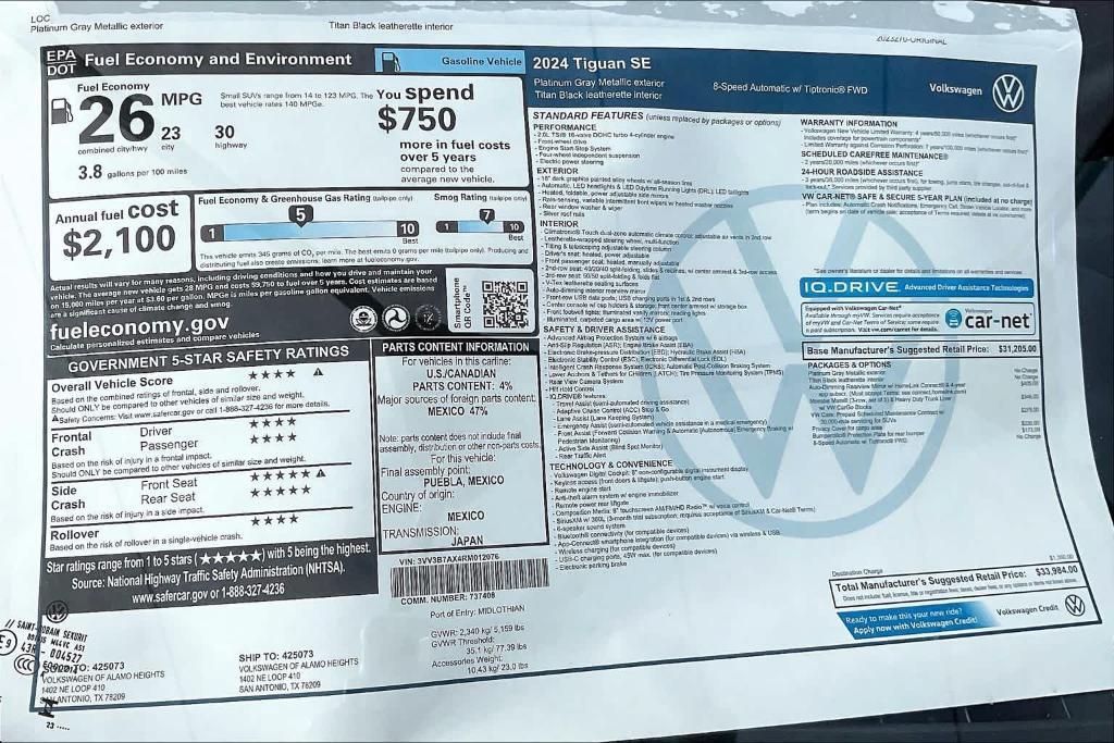 new 2024 Volkswagen Tiguan car, priced at $31,309