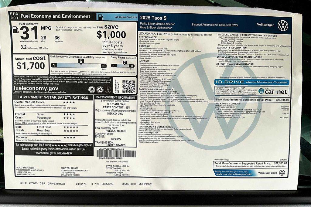 new 2025 Volkswagen Taos car, priced at $26,731