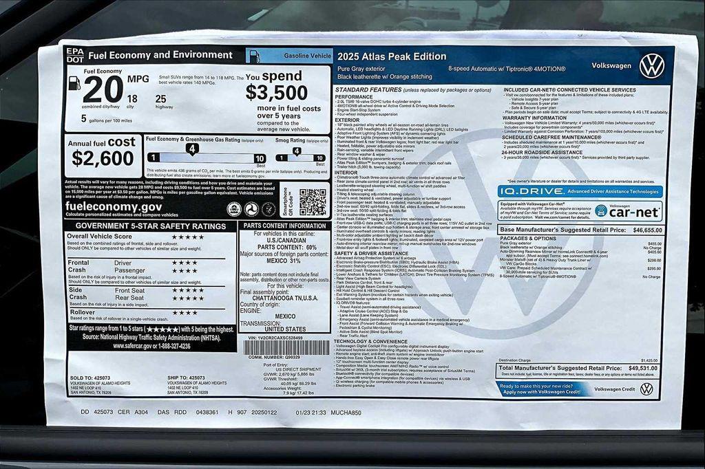 new 2025 Volkswagen Atlas car, priced at $47,859