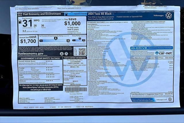 new 2025 Volkswagen Taos car, priced at $31,621