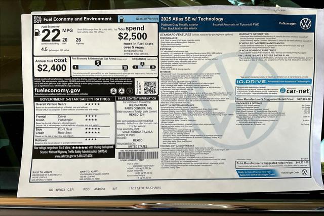 new 2025 Volkswagen Atlas car, priced at $43,209