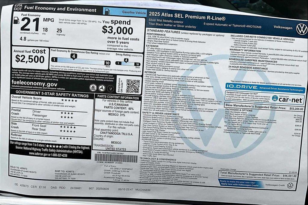 new 2025 Volkswagen Atlas car, priced at $54,606