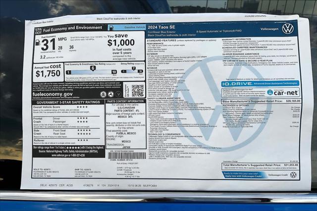 new 2024 Volkswagen Taos car, priced at $28,904