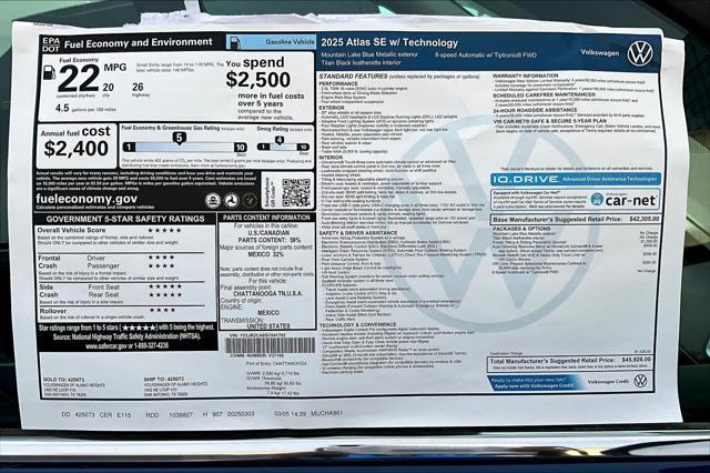 new 2025 Volkswagen Atlas car, priced at $44,398