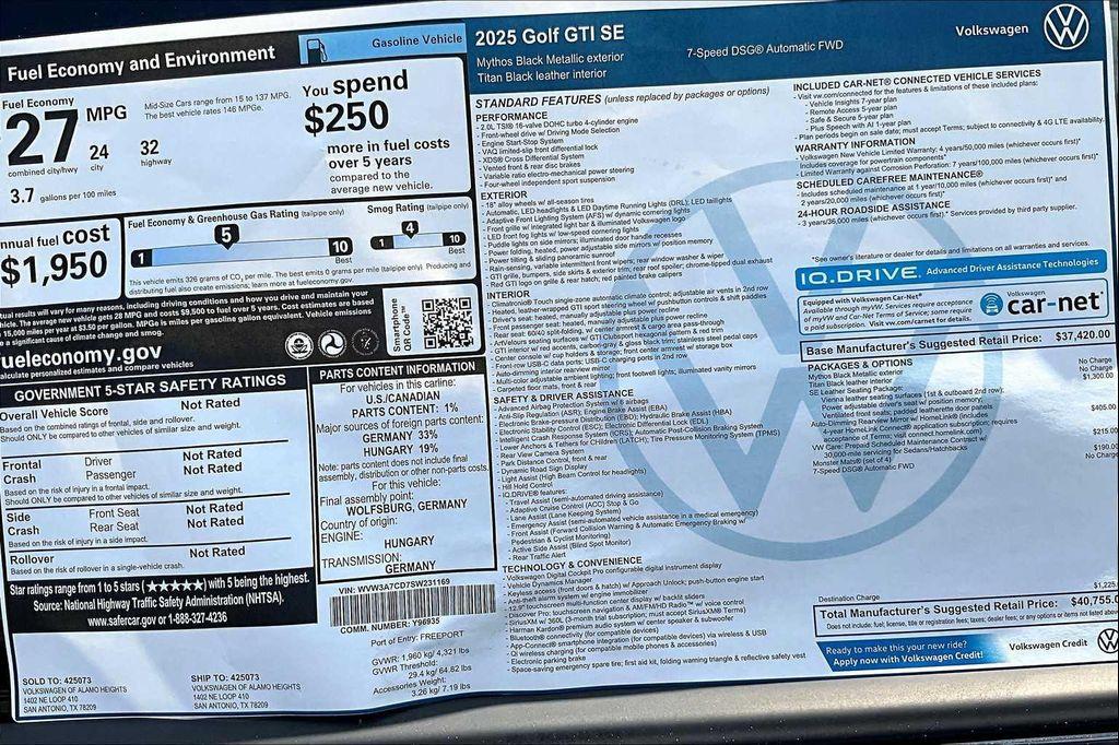 new 2025 Volkswagen Golf GTI car, priced at $39,425