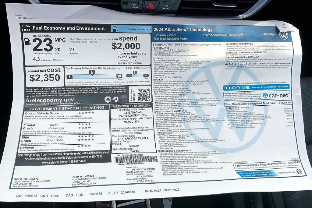 new 2024 Volkswagen Atlas car, priced at $42,229