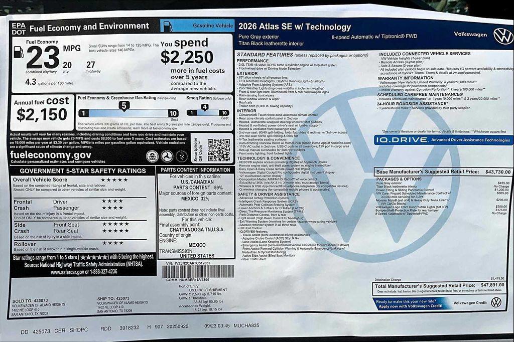 new 2026 Volkswagen Atlas car, priced at $46,296