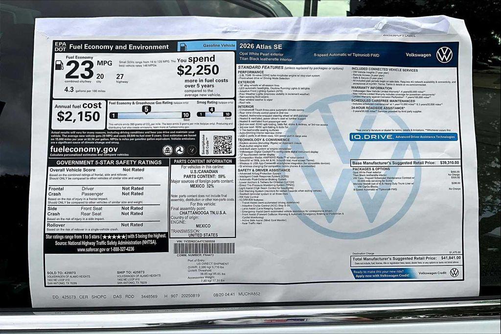 new 2026 Volkswagen Atlas car, priced at $40,491