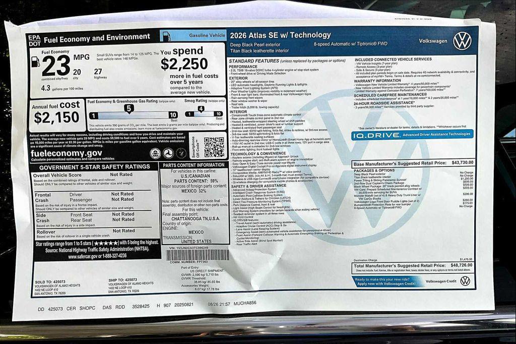 new 2026 Volkswagen Atlas car, priced at $47,131