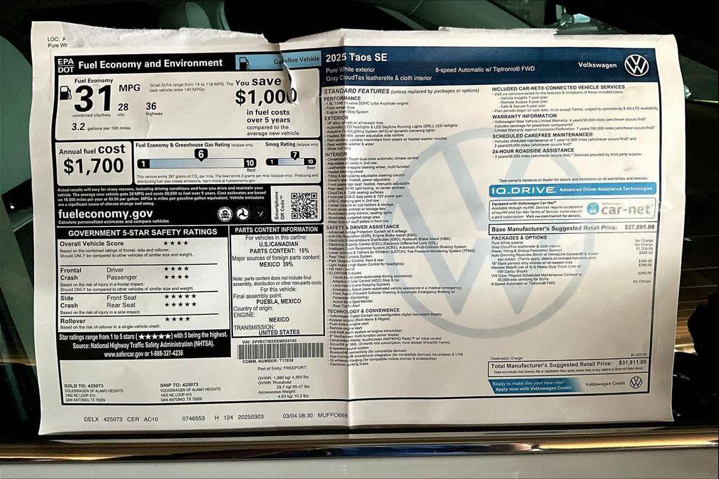 new 2025 Volkswagen Taos car, priced at $30,886