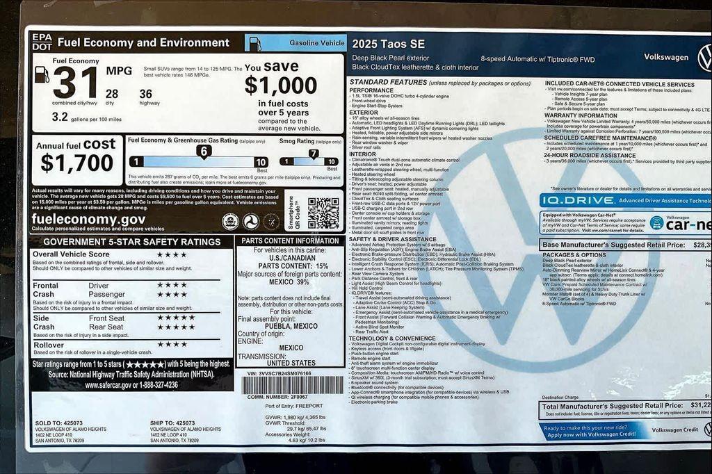 new 2025 Volkswagen Taos car, priced at $30,196