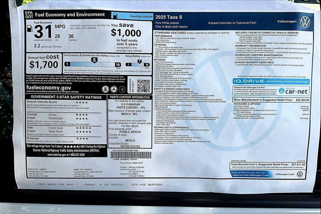 new 2025 Volkswagen Taos car, priced at $26,659