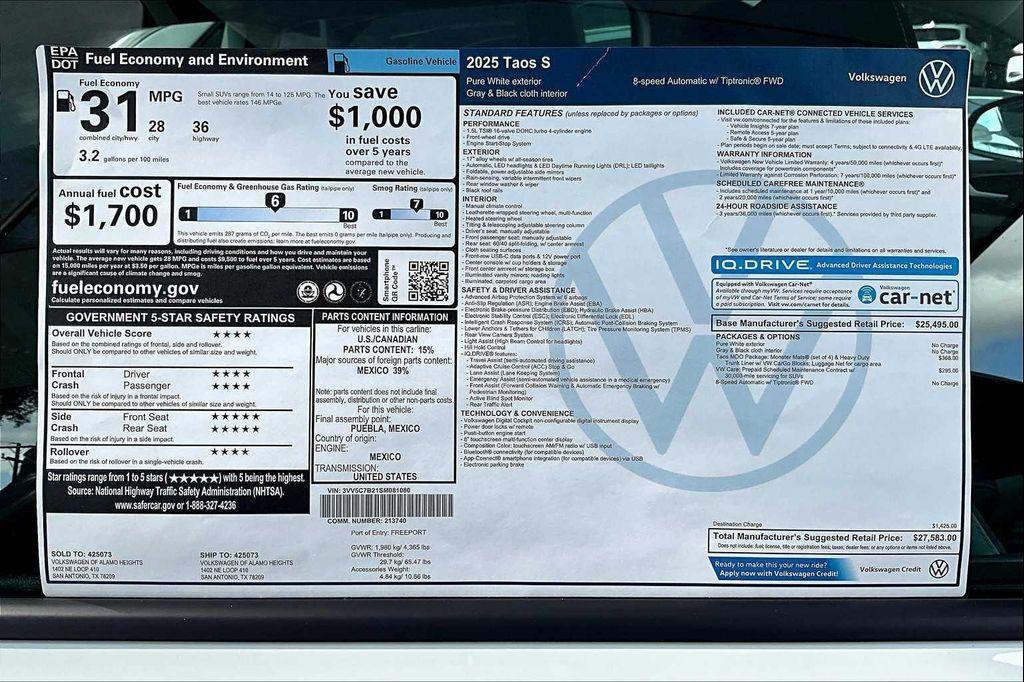 new 2025 Volkswagen Taos car, priced at $26,731