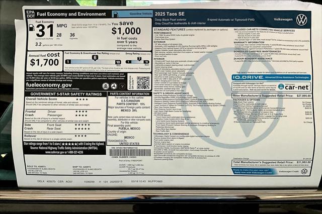 new 2025 Volkswagen Taos car, priced at $30,946