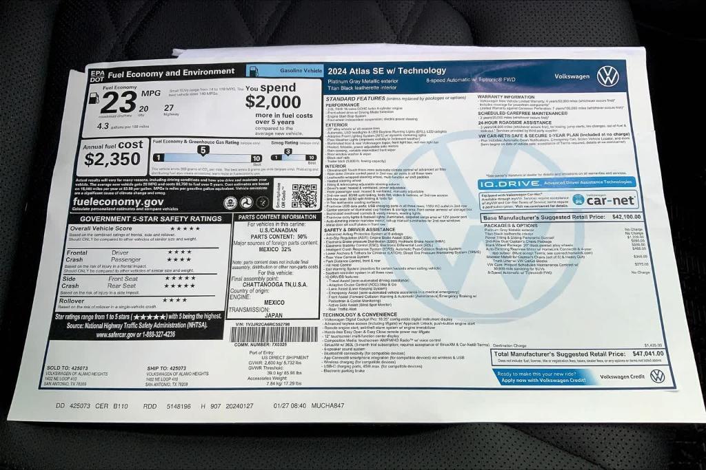 new 2024 Volkswagen Atlas car, priced at $44,041