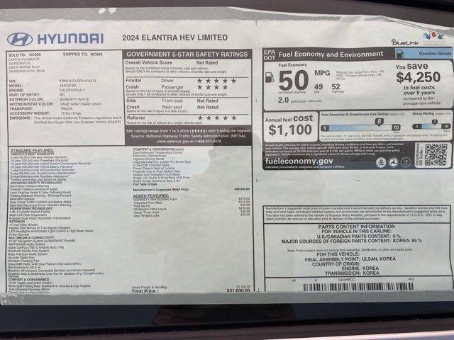 new 2024 Hyundai Elantra HEV car, priced at $30,630