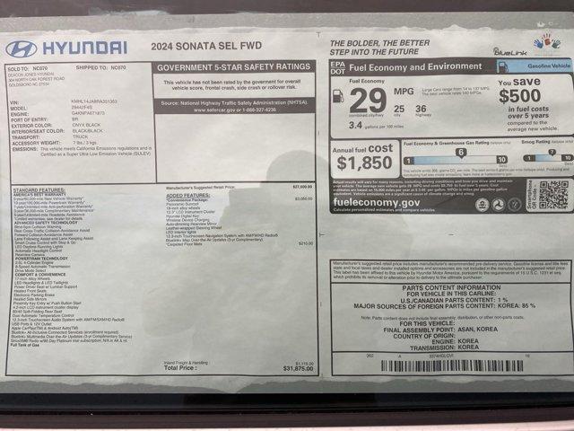 new 2024 Hyundai Sonata car, priced at $30,875
