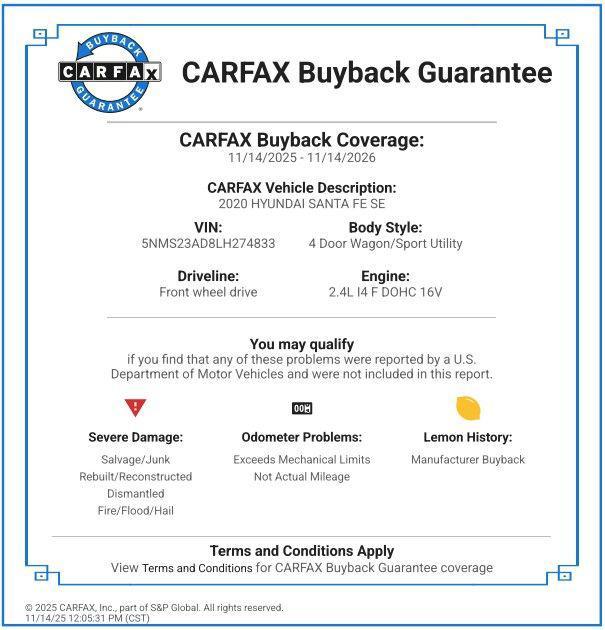 used 2020 Hyundai Santa Fe car, priced at $16,587