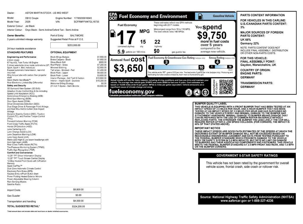 new 2026 Aston Martin DB12 car, priced at $324,200
