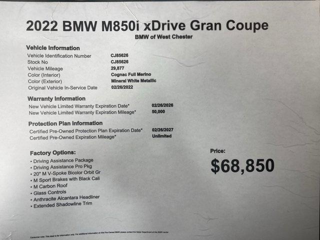 used 2022 BMW M850 Gran Coupe car, priced at $68,850