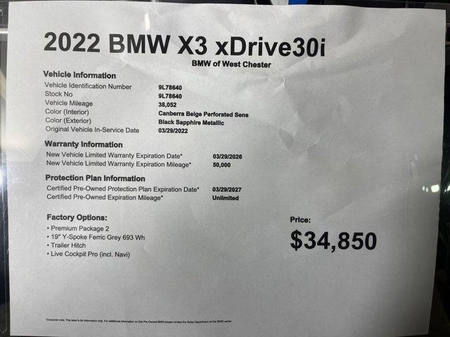 used 2022 BMW X3 car, priced at $34,850