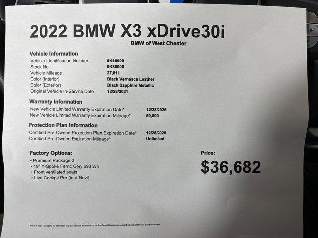 used 2022 BMW X3 car, priced at $36,682