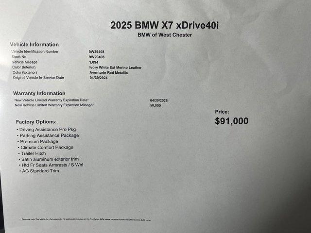 used 2025 BMW X7 car, priced at $91,000