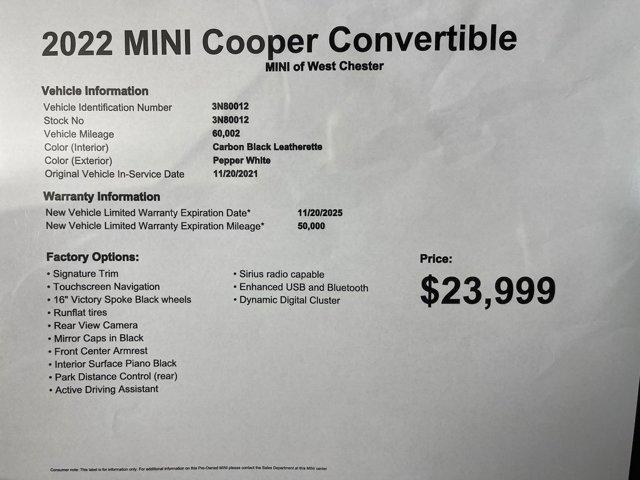 used 2022 MINI Convertible car, priced at $23,250