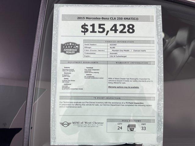 used 2015 Mercedes-Benz CLA-Class car, priced at $15,428