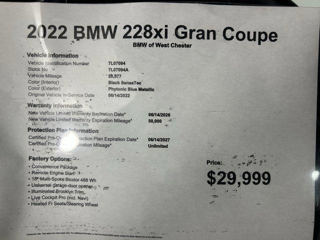 used 2022 BMW 228 Gran Coupe car, priced at $29,999