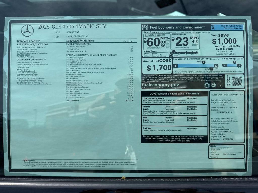 new 2025 Mercedes-Benz GLE 450e car, priced at $85,170