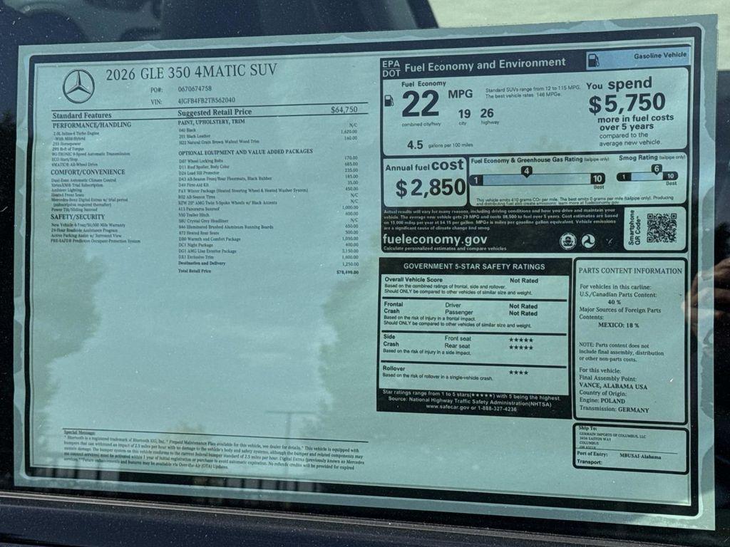 new 2026 Mercedes-Benz GLE 350 car, priced at $78,490