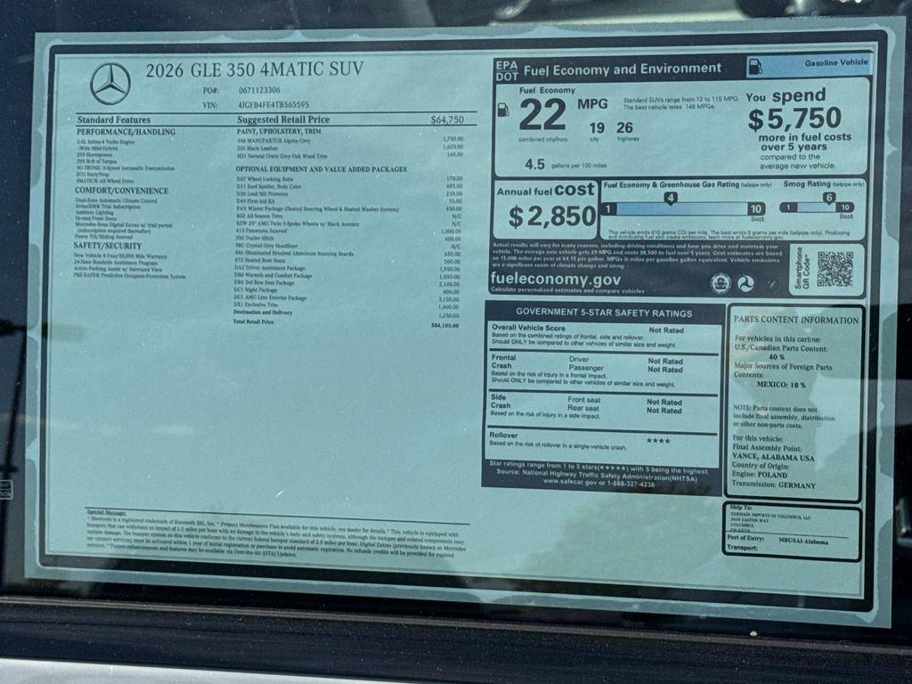 new 2026 Mercedes-Benz GLE 350 car, priced at $84,105