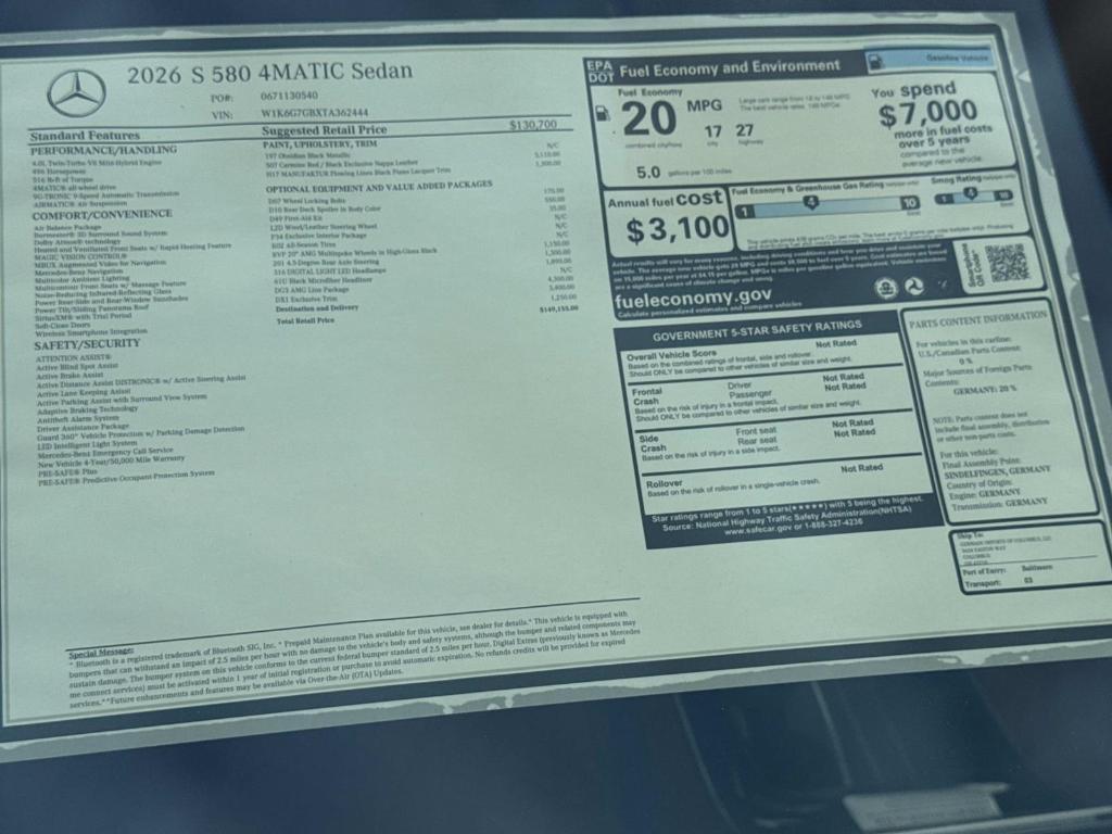 new 2026 Mercedes-Benz S-Class car, priced at $149,155