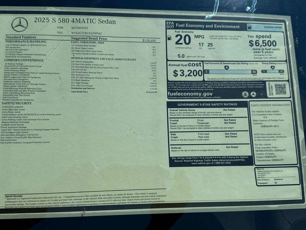 new 2025 Mercedes-Benz S-Class car, priced at $136,415