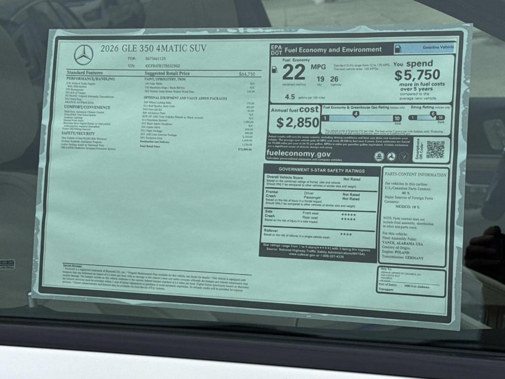 new 2026 Mercedes-Benz GLE 350 car, priced at $73,800