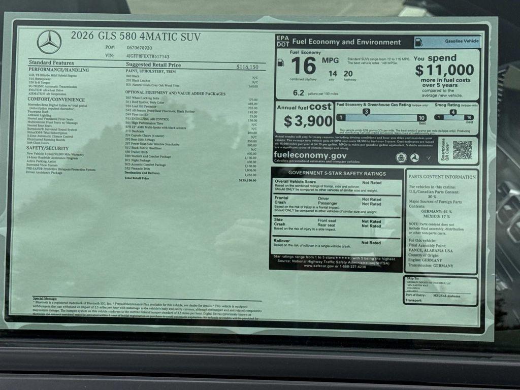 new 2026 Mercedes-Benz GLS 580 car, priced at $125,150