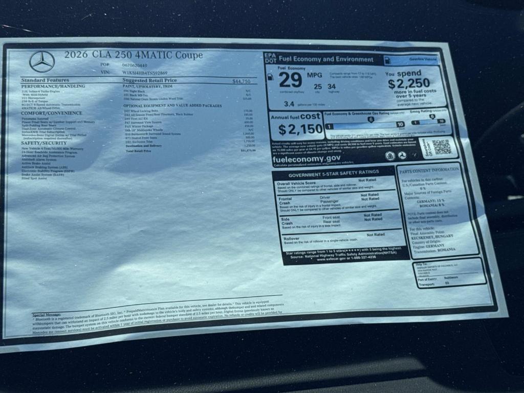 new 2026 Mercedes-Benz CLA 250 car, priced at $51,075