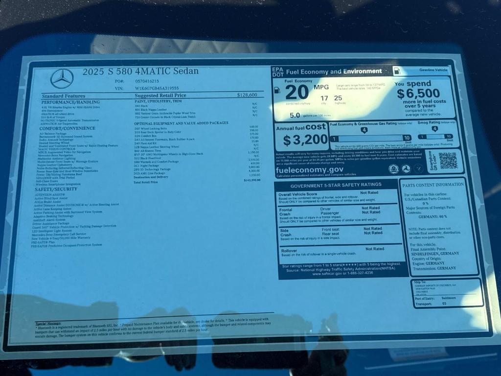 new 2025 Mercedes-Benz S-Class car, priced at $143,390
