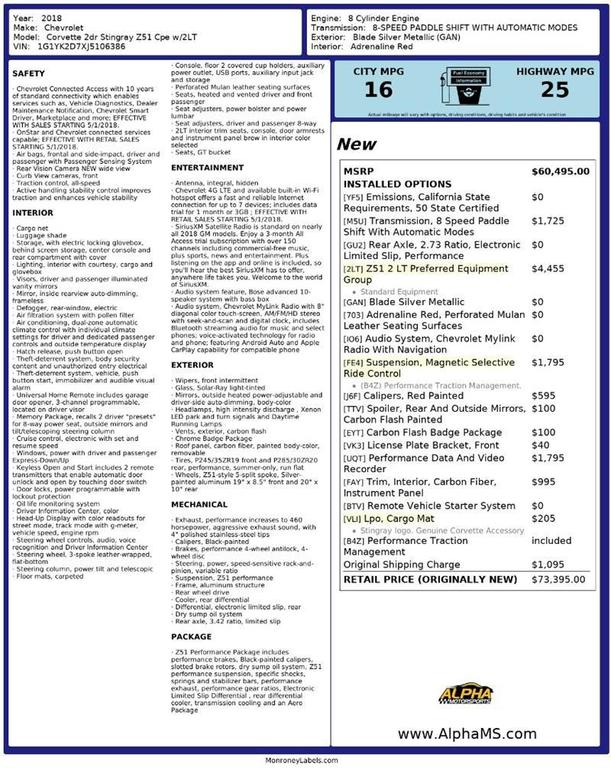 used 2018 Chevrolet Corvette car, priced at $42,900