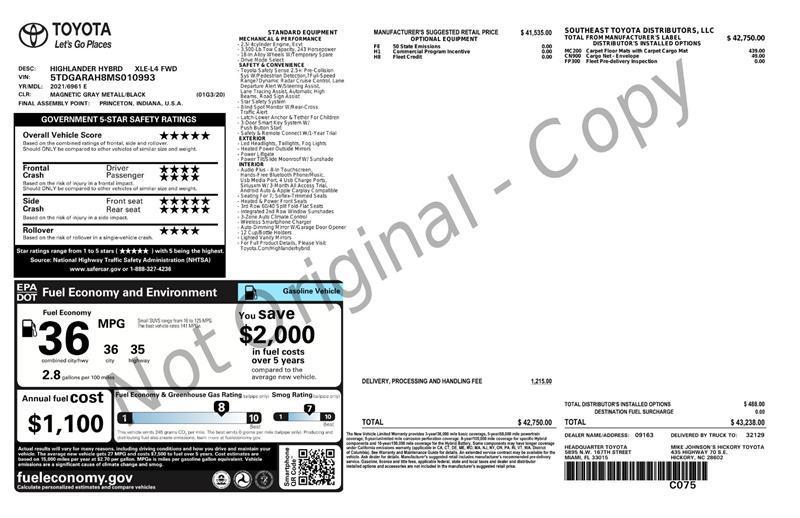 used 2021 Toyota Highlander Hybrid car, priced at $27,999