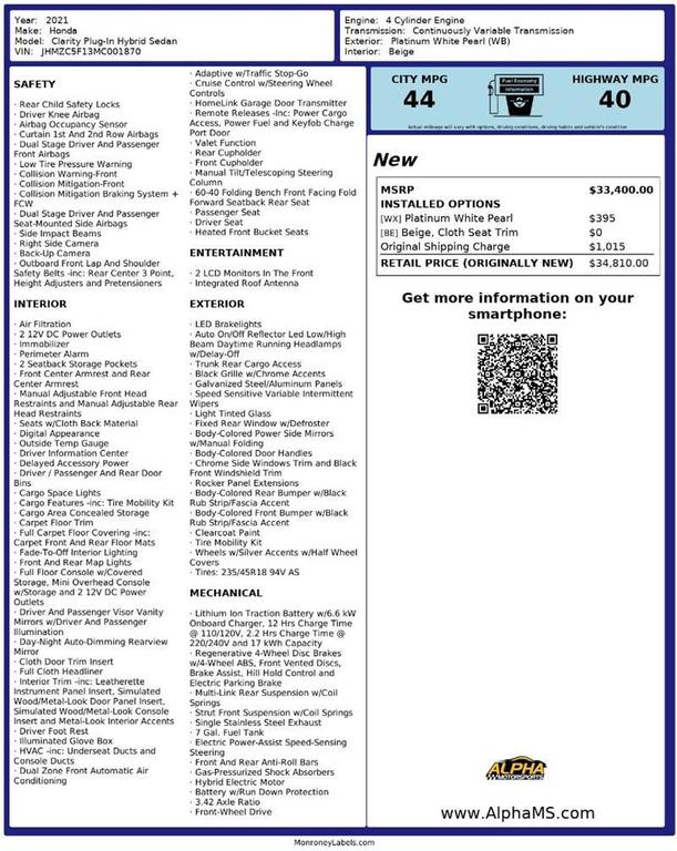 used 2021 Honda Clarity Plug-In Hybrid car, priced at $21,000