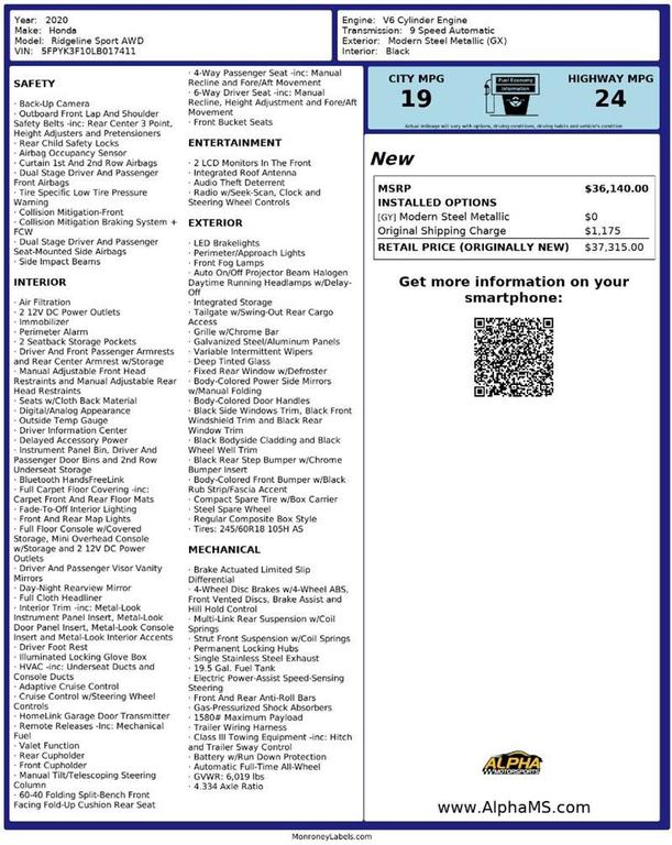 used 2020 Honda Ridgeline car, priced at $24,500