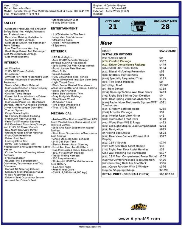 used 2024 Mercedes-Benz Sprinter 2500 car, priced at $42,500