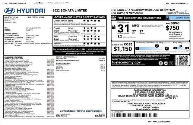 used 2022 Hyundai Sonata car, priced at $21,750