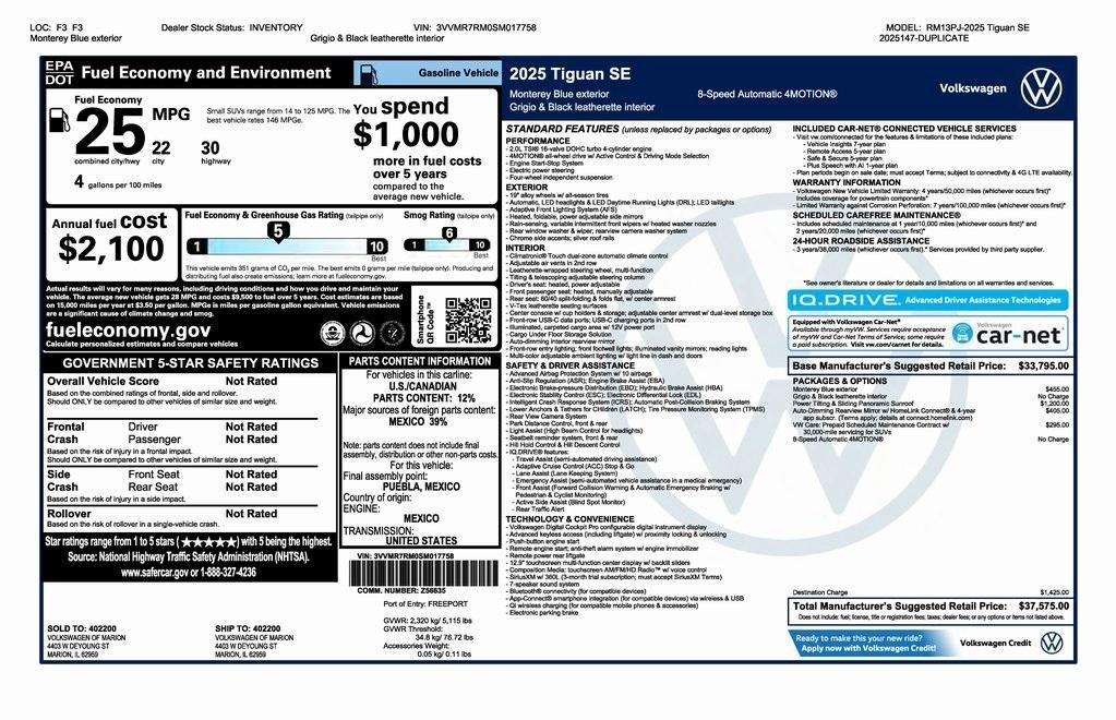 new 2025 Volkswagen Tiguan car, priced at $37,575