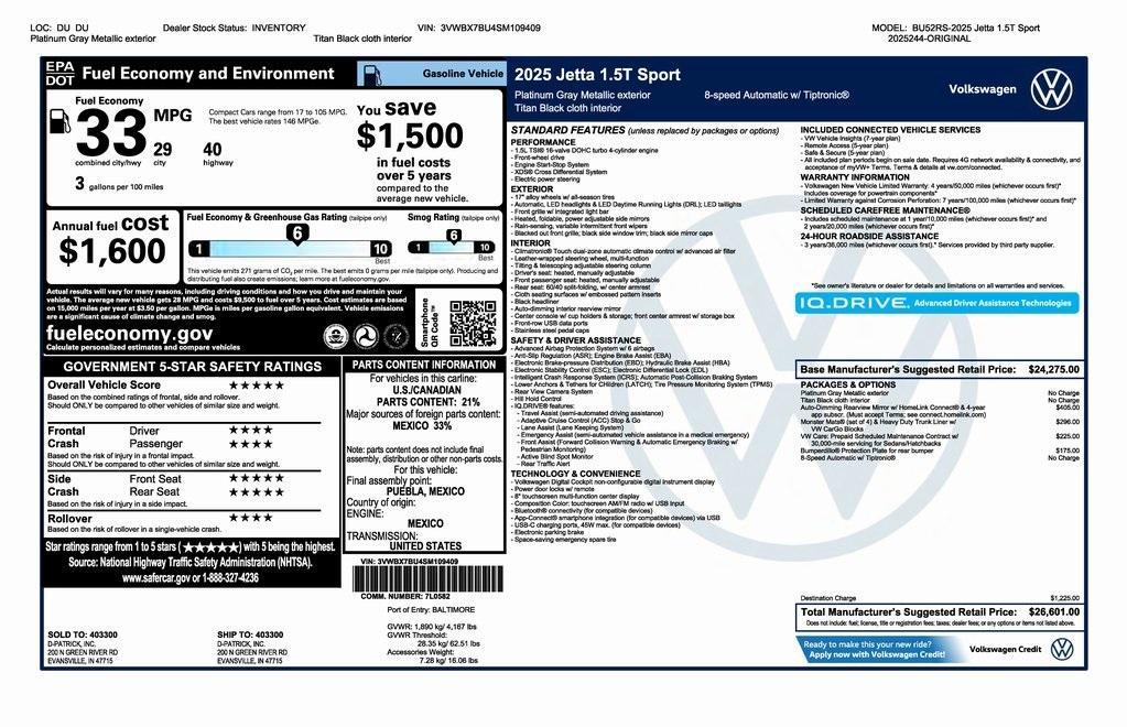 new 2025 Volkswagen Jetta car, priced at $26,101